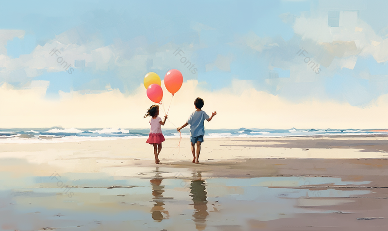 夏天儿童小孩湖边海边大海游浅水区光脚玩嬉戏可爱唯美插画,插画/手绘图,插画/手绘图库,插画/手绘图下载,插画/手绘